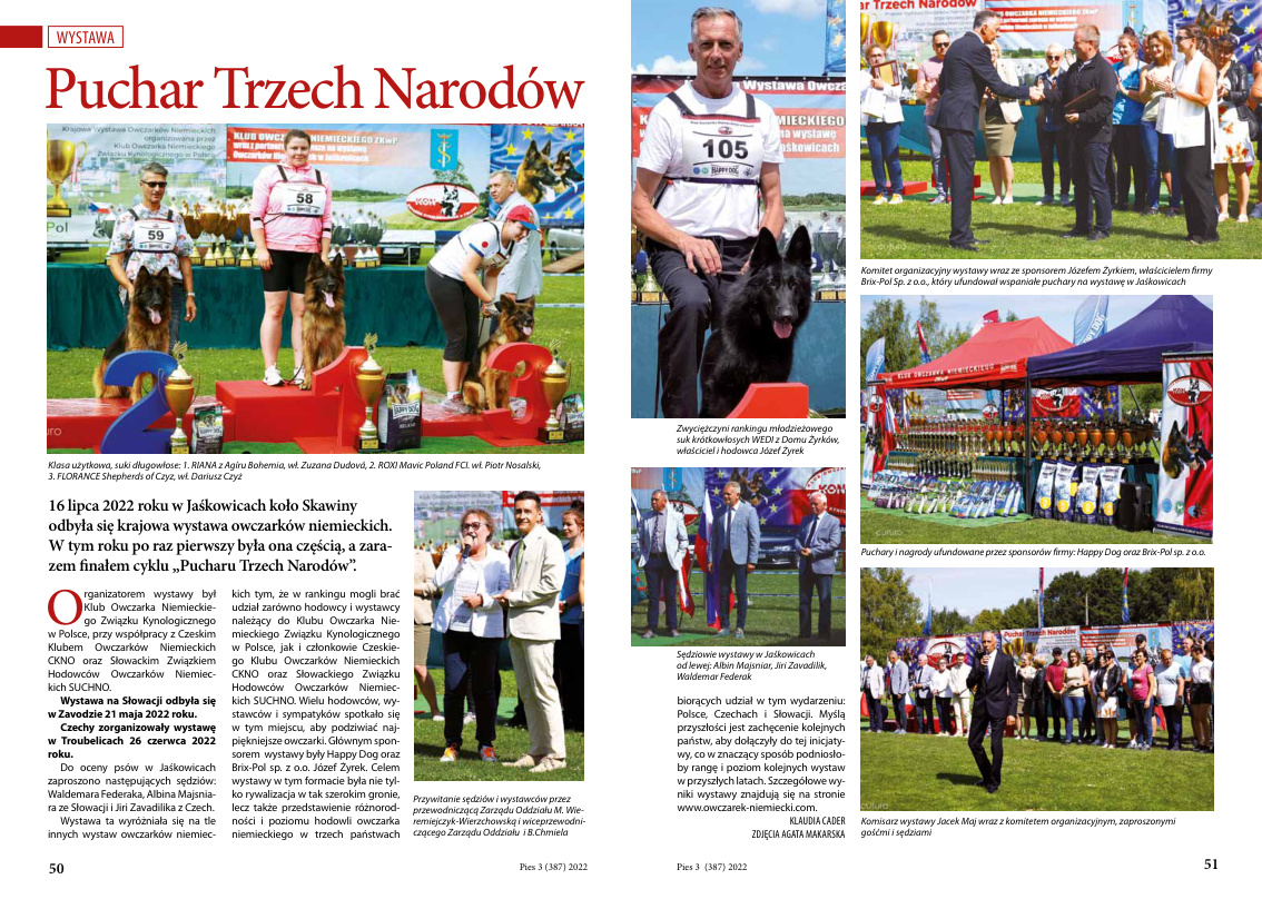 Puchar Trzech Narodów — artykuł o wystawie w Jaśkowicach, Pies 3 (387)/2022, strony 50–51
