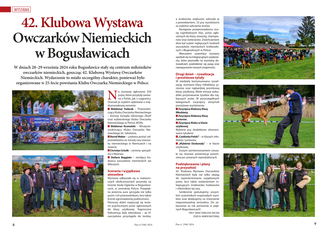 Artykuł o 42. Klubowej Wystawie Owczarków Niemieckich w Bogusławicach — Pies 4 (396)/2024, strony 8–9